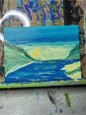 5x7 Hand-Painted Coastal Sunrise Canvas Art - Blue and Yellow
